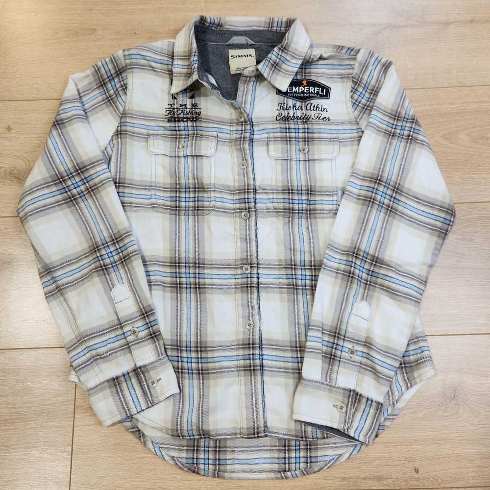 Simms Shirt Womens Medium Beige Plaid Long Sleeve Button Up Fly Fishing Logo